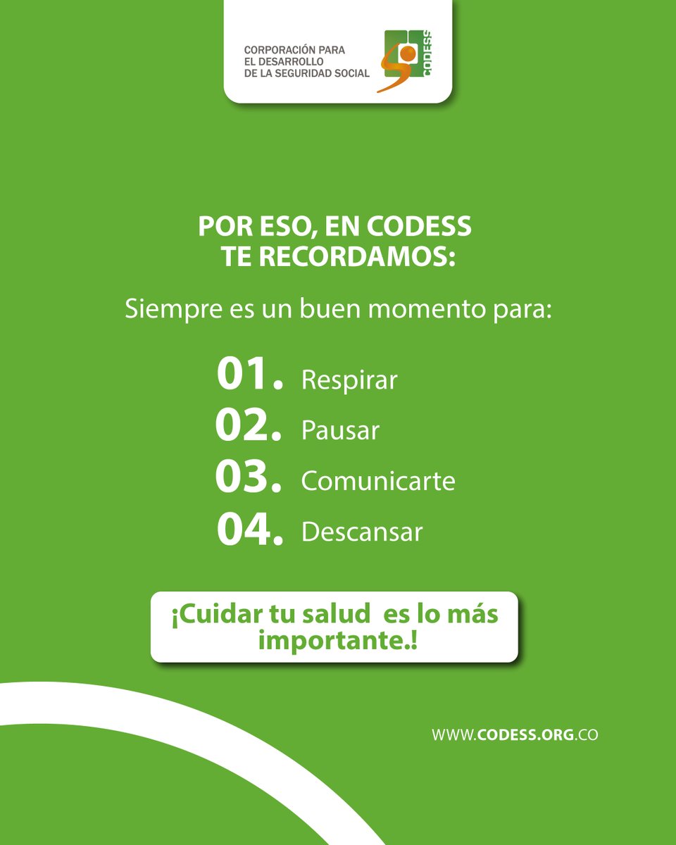codessco's tweet image. ¡No subestimes el impacto del estrés en tu salud y bienestar!

Recuerda que la prevención empieza por ti. 

Y tú, ¿ya tomaste un respiro hoy?

#CODESS #RiesgoLaboral #BienestarLaboral #PausasActivas