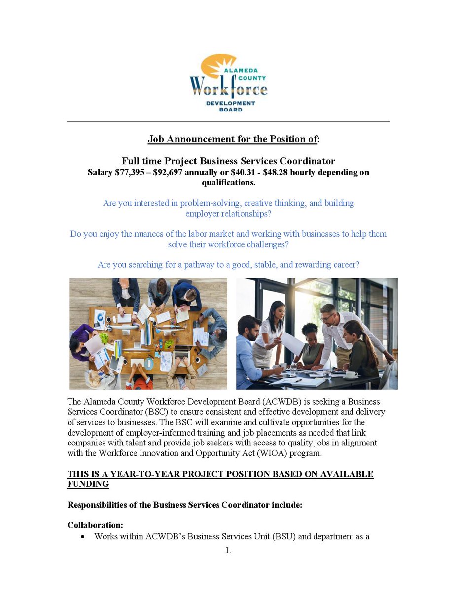ACWDB's tweet image. 🚨 We’re hiring! Alameda County Workforce Development Board is seeking a Business Services Coordinator (Hayward, CA). Salary: $77K–$92K + benefits. #workforce
Apply by Sept 15, 2025 → patsya@oaklandpic.org