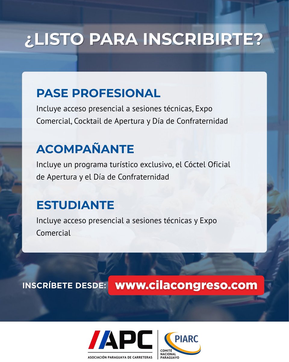 📌 Del 17 al 21 de noviembre, Asunción será sede del #XXIIICILA.
Asegurá tu lugar en el congreso vial más importante de la región 👉 cilacongreso.com

#CILA2025 #IngenieríaVial #SomosAPC