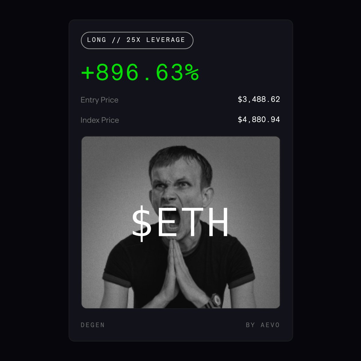 Screenshot of MrDegenWolf's ETH long position on Aevo showing +896.63% gain