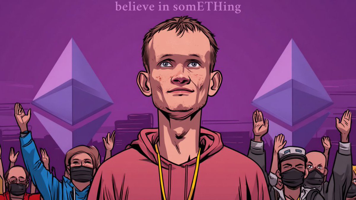 Illustration of a crowd believing in somETHing with Ethereum symbols