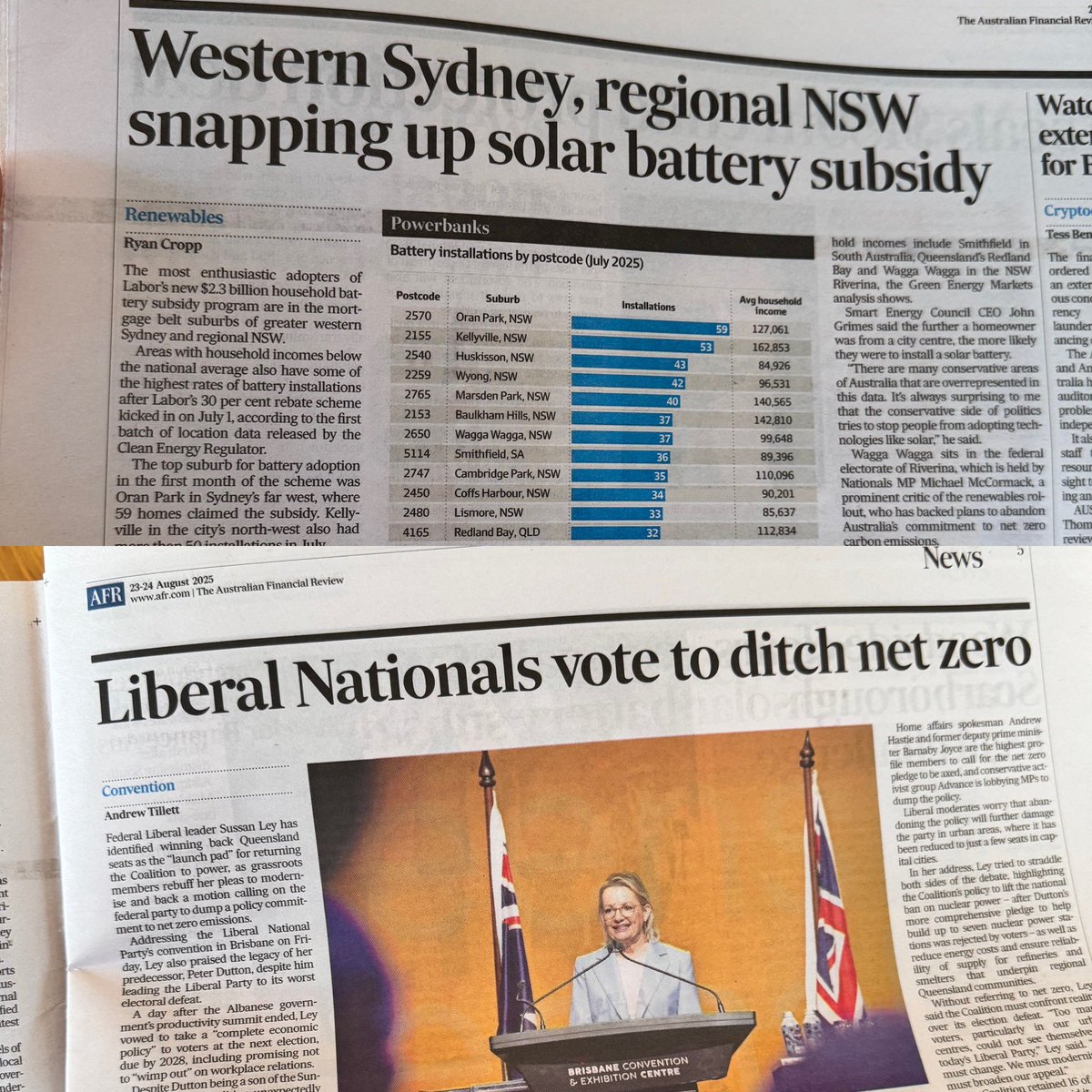 jeromelaxale's tweet photo. Side by side articles in todays AFR

Think the Liberals will learn? 

Nah. Probably not hey #auspol https://t.co/v1RIpCet0e