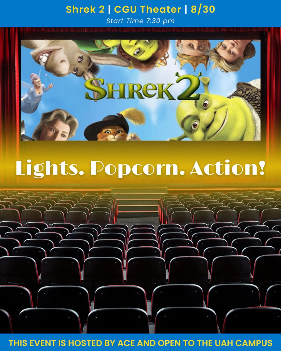 🎬 Shrek 1 &amp; 2 is hitting the big screen at UAH!
Join us in the Charger Union Theater on Wednesday and Saturday at 7:30 PM for a free movie night!

🍿 Free for all enrolled UAH students
📍 CGU Theater
 🎉 Brought to you by ACE!

#Shrek #UAHACE #UAH