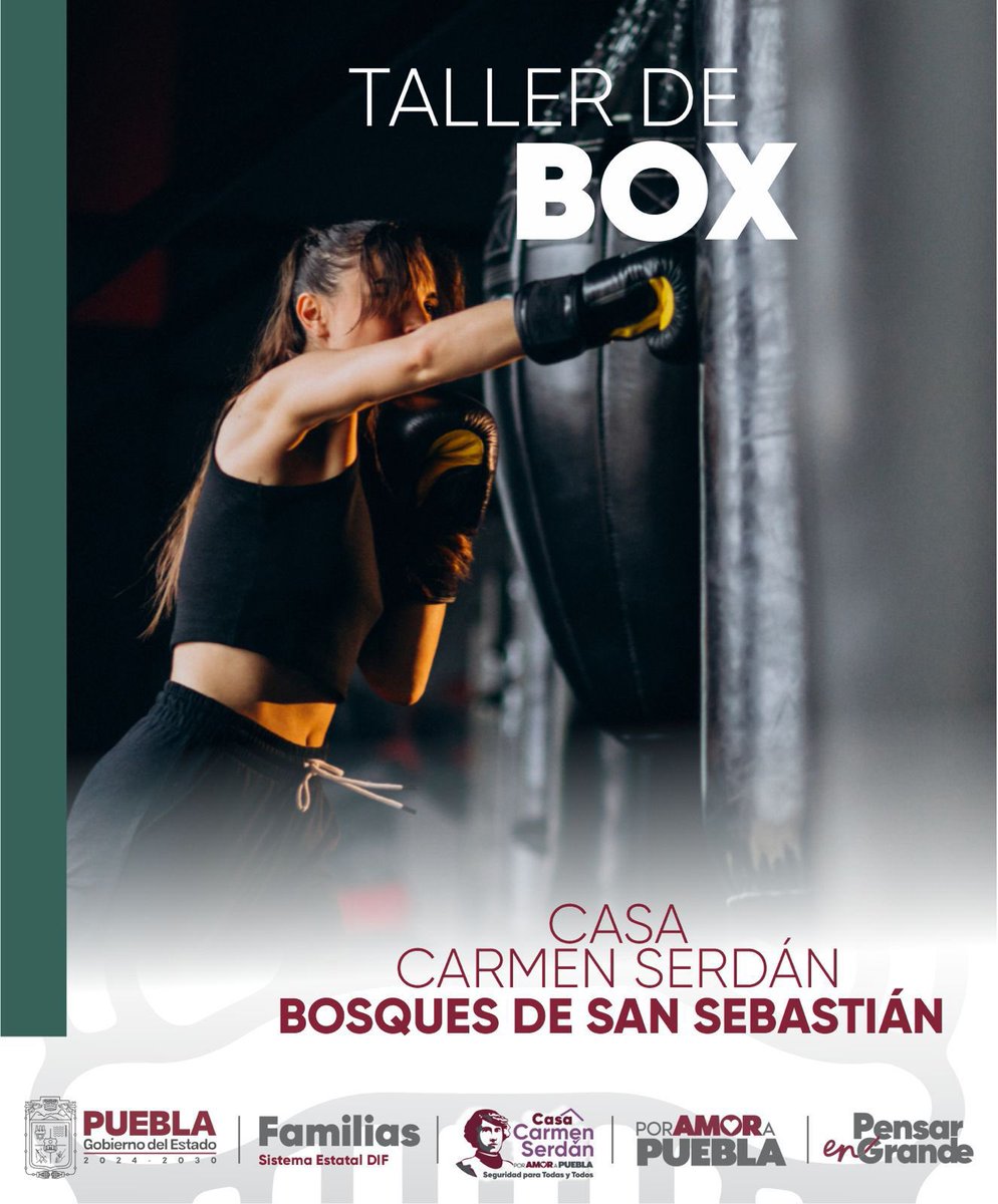 🥊✨ Taller de Box ✨🥊
📅 Martes 26 de agosto
🕟 Horario: 16:30 hrs
👩 Público: Mujeres
🎯 Objetivo: Fomentar la activación física, la autoconfianza y el autocuidado a través del deporte.

📍 Casa Carmen Serdán Bosques

💪💜 ¡Fortalece tu cuerpo y tu seguridad personal!