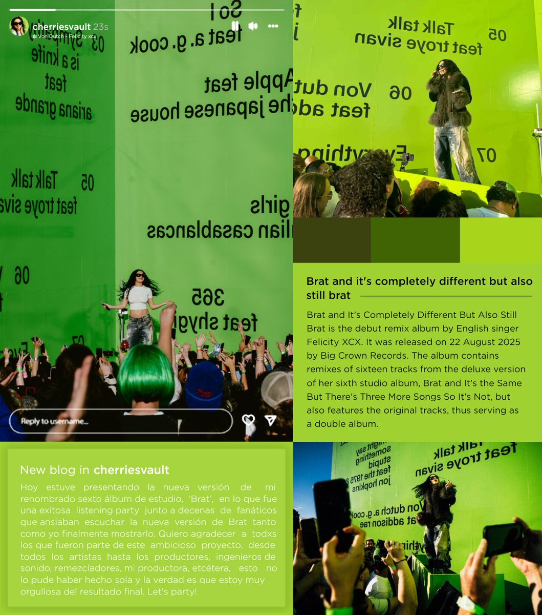 𑁍ࠬ ⊹ ࣪˖⁩ ꒰ #RPBratAlbum ꒱ ❟ Hoy estuve presentando en una exitosa listening party la nueva versión de ‘Brat’. Agradezco a todos los que pudieron ser parte de este proyecto, no lo pude haber logrado sola. Disfruten de ‘Brat and it's completely different but also still brat’!