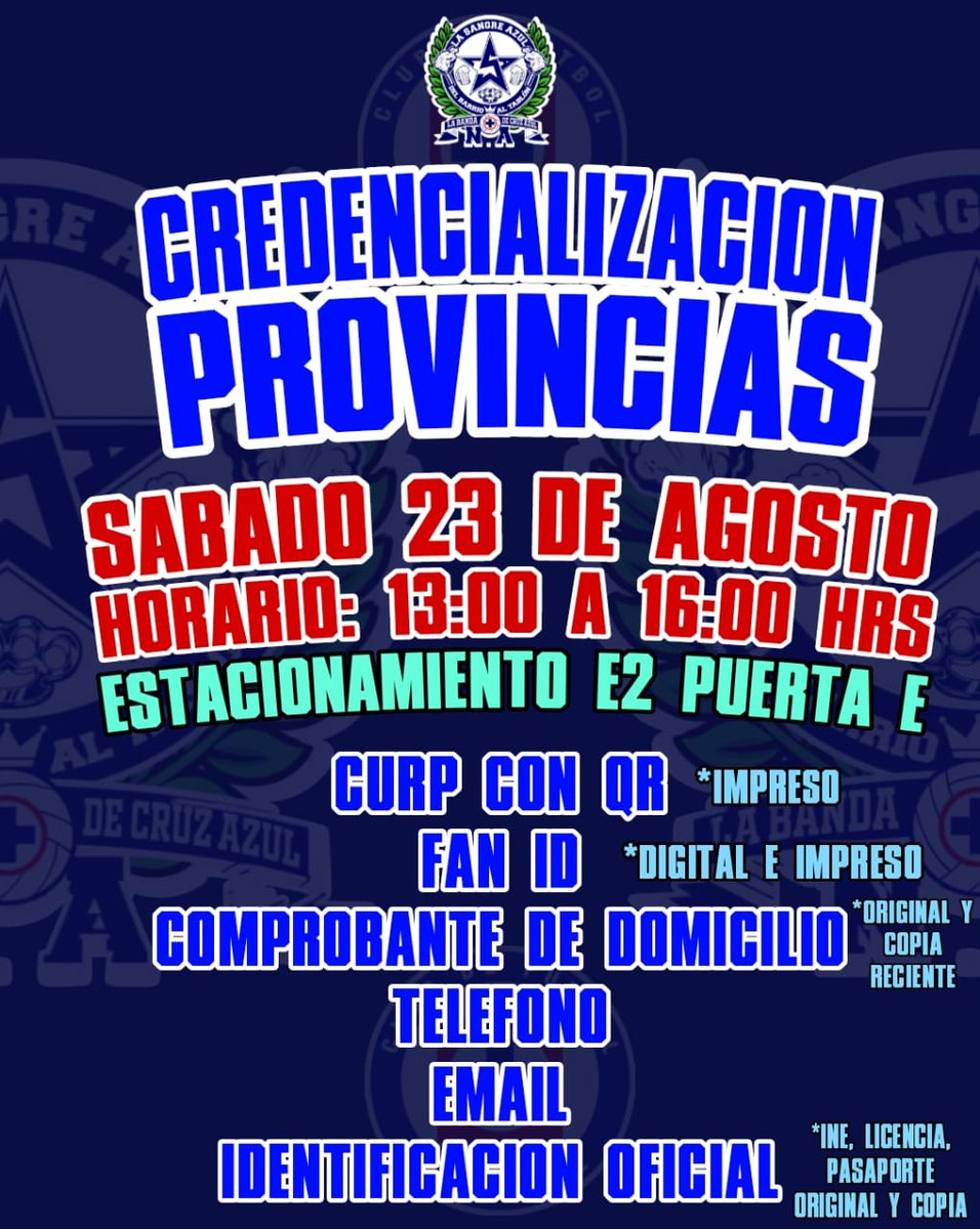 Les recordamos que mañana 23 de agosto previo al partido vs toluca se hará el registro para provincia y los que falten de la CDMX en un horario de 13:00 ha 16:00 hrs.

En el estadio olimpico universitario, Estacionamiento E2 puerta E las Credenciales nuevas incluirán el Fan id