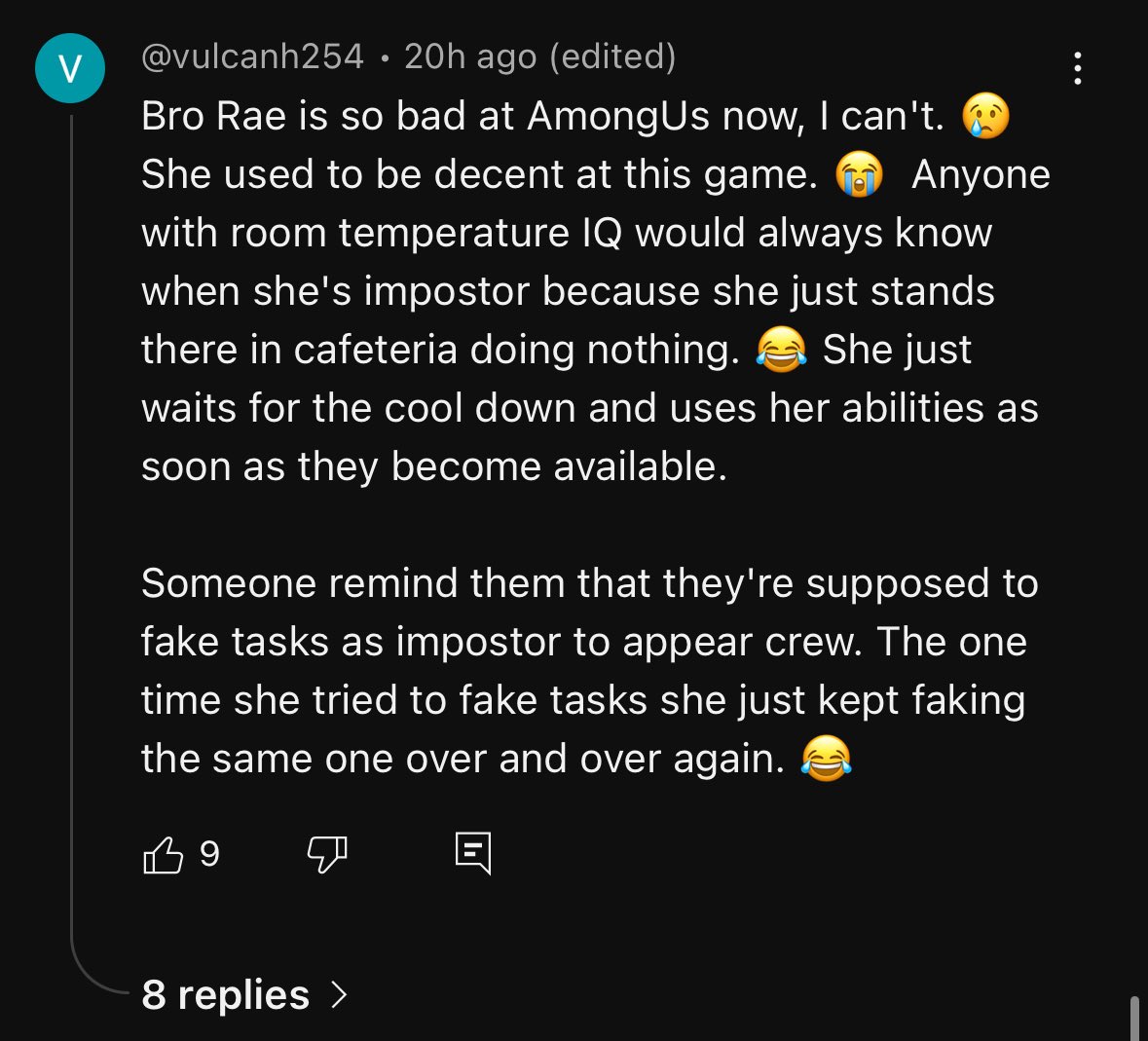 freenieeee's tweet image. it’s 2025 and people are mad that rae isn’t tryharding in among us 💀💀 nahh