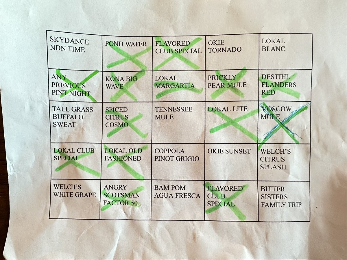 WesKinetic's tweet photo. Bar at our local watering hole is running a contest between the bartenders and the wait staff: first team to get three bingos gets to pick their shifts next week. So it only seems appropriate that @GlinsmannMath and I do our part to support the cause. #SupportYourLocalBartender https://t.co/tLr0fKY6sW
