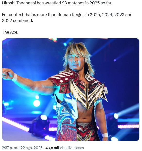 ZIGMAGAIDEN's tweet photo. "For context"
Apúntenla, que será la nueva excusa.

For context: el perrote todavía se movía y no daba pena cuando subía al ring. Tanahashi hoy… ya no sé si sigue teniendo salud o solo está sobreviviendo en el ring https://t.co/NiK9zs2RAf
