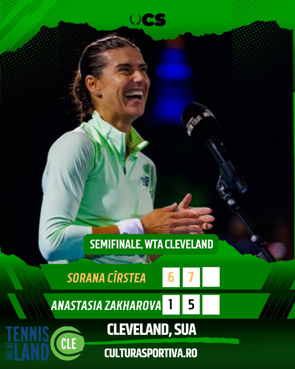 CulturaSportRo's tweet photo. 🇷🇴 Sorana Cirstea reaches the Cleveland final! 🎾🔥
After stunning wins over #Samsonova &amp; #Teichmann, she defeats Zakharova 6-1, 7-5. At 35, she’s playing some of her best tennis and will fight for her 7th career WTA final trophy. #WTA #Cirstea https://t.co/WDSL594FHA
