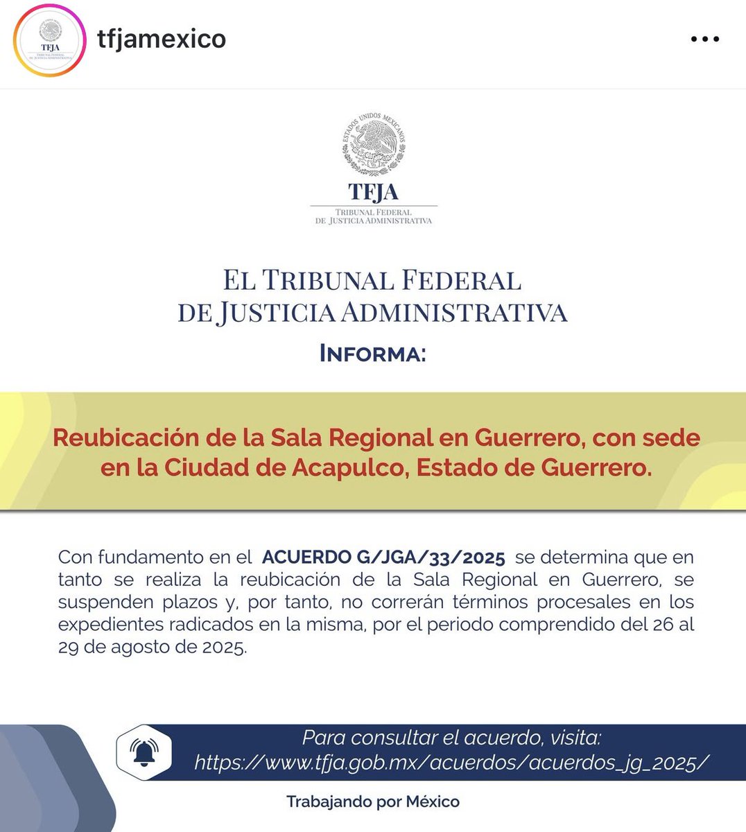 Fyi. 🚨Sala Regional en Guerrero con sede en Acapulco, suspende plazos del 26 al 29 de agosto👇🏼