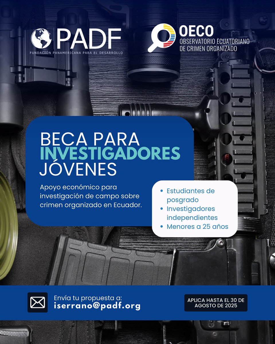 🚨El Observatorio Ecuatoriano de Crimen Organizado (OECO) ofrece una beca de $1,000 USD para trabajo de campo sobre crimen organizado en Ecuador.

🔍 Revisar los términos y condiciones de postulación en: padf.org/homepadf-2/gra…