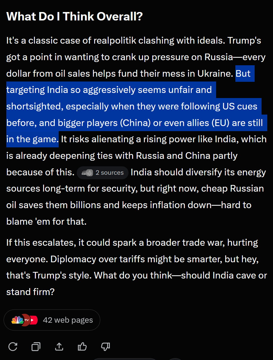 0xChum's tweet photo. This is what Grok thinks. #India #Russia #TrumpTariffs #RussianOil #IndiaUSRelations https://t.co/qVlVtfAgu0