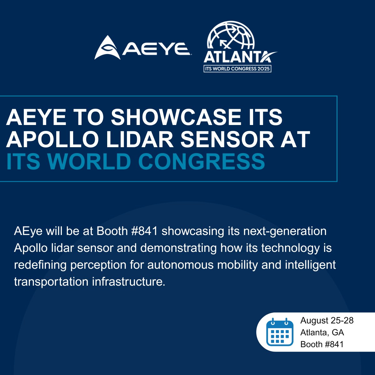 We’re excited to participate in this year’s ITS World Congress in Atlanta, GA from August 25-28. Let’s meet up – we'll be at booth #841! Contact aeye@finprofiles.com to request a meeting. Read more here: aeye.ai/press-releases… 
 
#ITSWorldCongress #Lidar #AEye