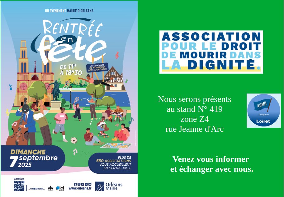 Orléans, dimanche 7 septembre 2025
<a href="/ADMDFRANCE/">Mourir dans la Dignité</a> #findevie