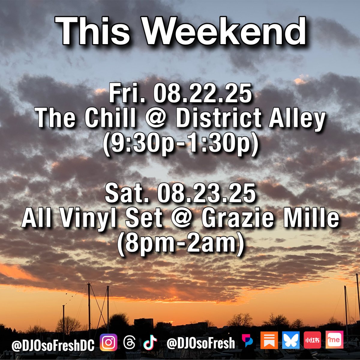 DJ_Oso_Fresh's tweet image. Catch me this weekend for nothing but good music and good vibes! 🎶

Friday @districtalleydc 
Saturday @graziemillexoxo 

#DJOsoFreshEvents #DCNights #DMVEvents #DCNightLife #GoodVibesOnly
