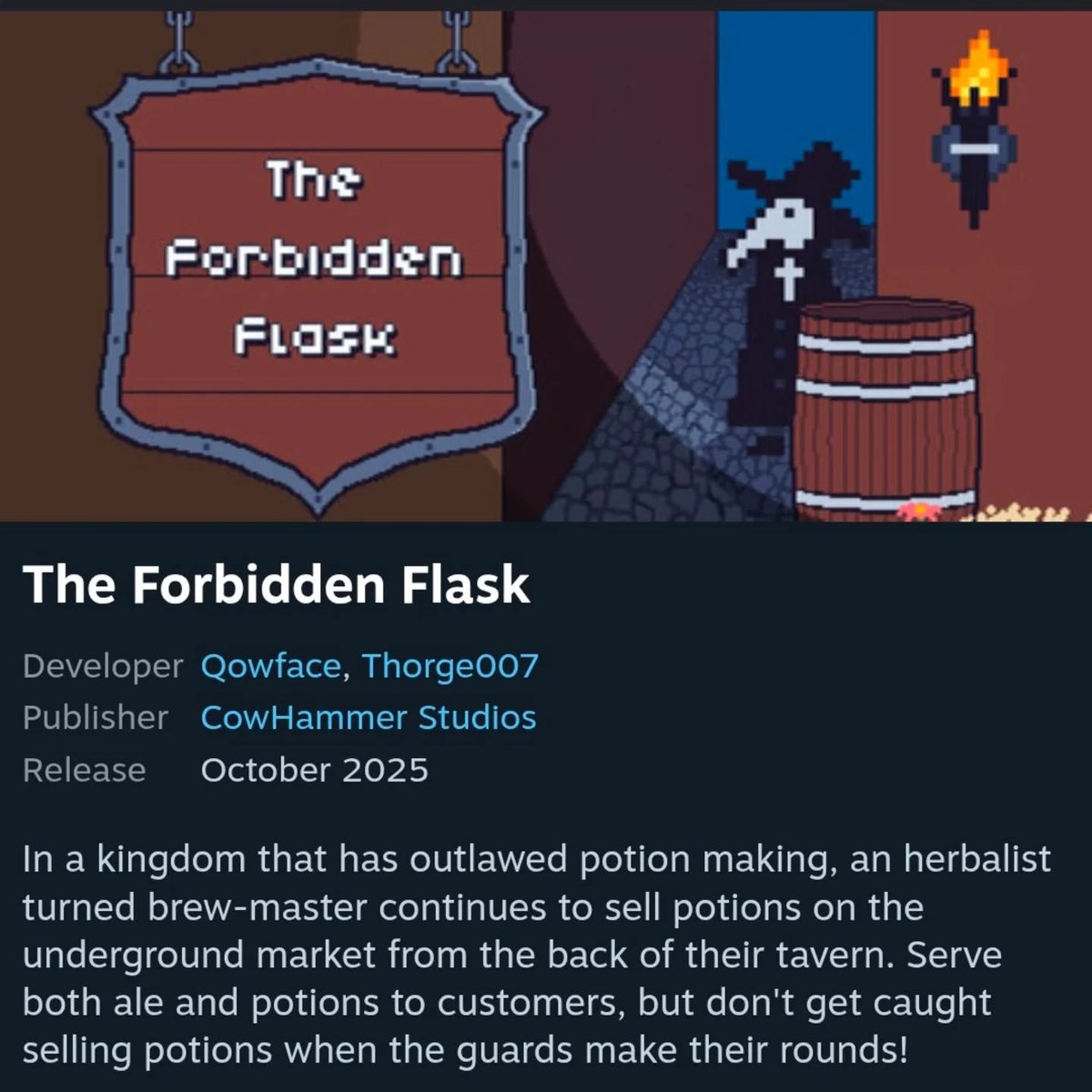 Qowface's tweet photo. Recent pics from the Highland Renaissance Festival + Warp Zone game night with the friends I'm making a game with. 🎮

The Forbidden Flask is a medieval tavern sim where you serve drinks 🍻 and brew illicit potions (just don't get caught when the guards make their rounds 👀). https://t.co/k0k93a4UTD