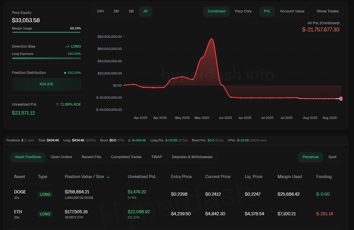 James Wynn 在 DOGE 与 ETH 上的做多仓位截图