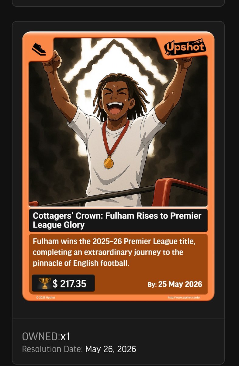 SolFrater (@solfrater_sol) on Twitter photo Long long shot here, but hey.... Who knows?
<a href="/LCFC/">Leicester City</a> did it, why not <a href="/FulhamFC/">Fulham Football Club</a> too? Long long shot here, but hey.... Who knows?
<a href="/LCFC/">Leicester City</a> did it, why not <a href="/FulhamFC/">Fulham Football Club</a> too?