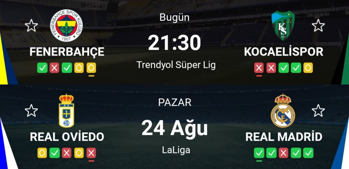 Yüksek Güven İkili ✌️

Hafta sonu için bülten pek hoşuma gitmedi, sağlam bir ikili çıkardım ve muhtemelen bu şekilde hafta sonunu kapatırım gibi gözüküyor. 

Fenerbahçe'nin geçen haftaki puan kaybından sonra bu maçı hata lüksü yok. Evinde baskıyı kurup galibiyeti almalı.

Real