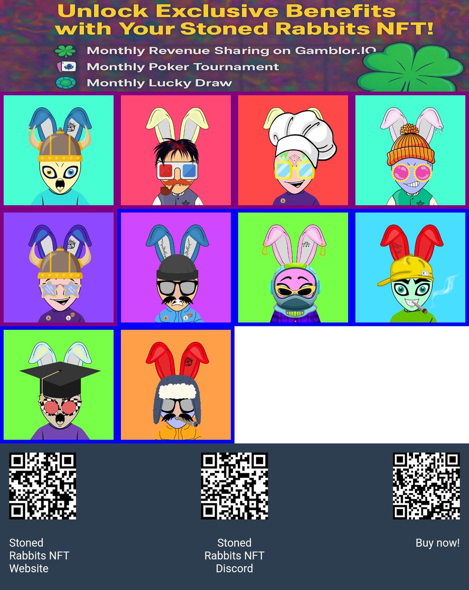 <a href="/zackfromsubway/">ZackFromSubway.Eth</a> <a href="/Stoned_Rabbits/">Stoned Rabbits NFT</a>  in final mint phase 15% to go. Slot machine on gamblor.io up in august online and creating revenou for holders monthly. First airdrop team/treasury wallet takes 0. Due to some delays, to show members they eat. Before us:) 

stonedrabbitsnft.com/index.html