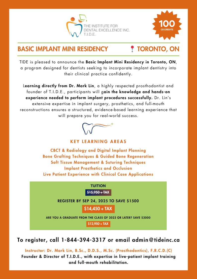 TIDE4Teeth's tweet photo. 📣 Toronto dentists — are you ready to integrate implant dentistry into your practice with confidence? Join our Basic Implant Mini Residency led by Dr. Mark Lin, a respected prosthodontist and founder of T.I.D.E. This program combines evidence-based learning and hands-on training https://t.co/5dDPT7jVcZ