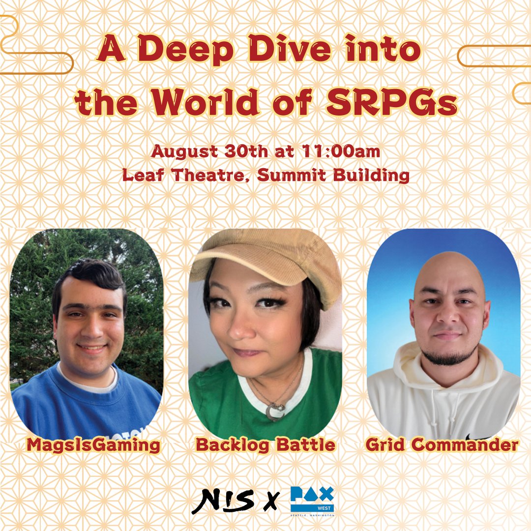 🚨#PAXWest 2025 Panel Info🚨

Let's Dive Deep into the World of SRPGs with <a href="/MagsIsGaming/">Mags</a> <a href="/_backlogbattle/">Lexi leaving PAX West 😭 / Backlog Battle</a> and <a href="/GridCommander/">Grid Commander</a> to uncover what truly makes Strategy RPGs so captivating!

When: August 30th at 11:00am
Where: Leaf Theatre, Summit Building