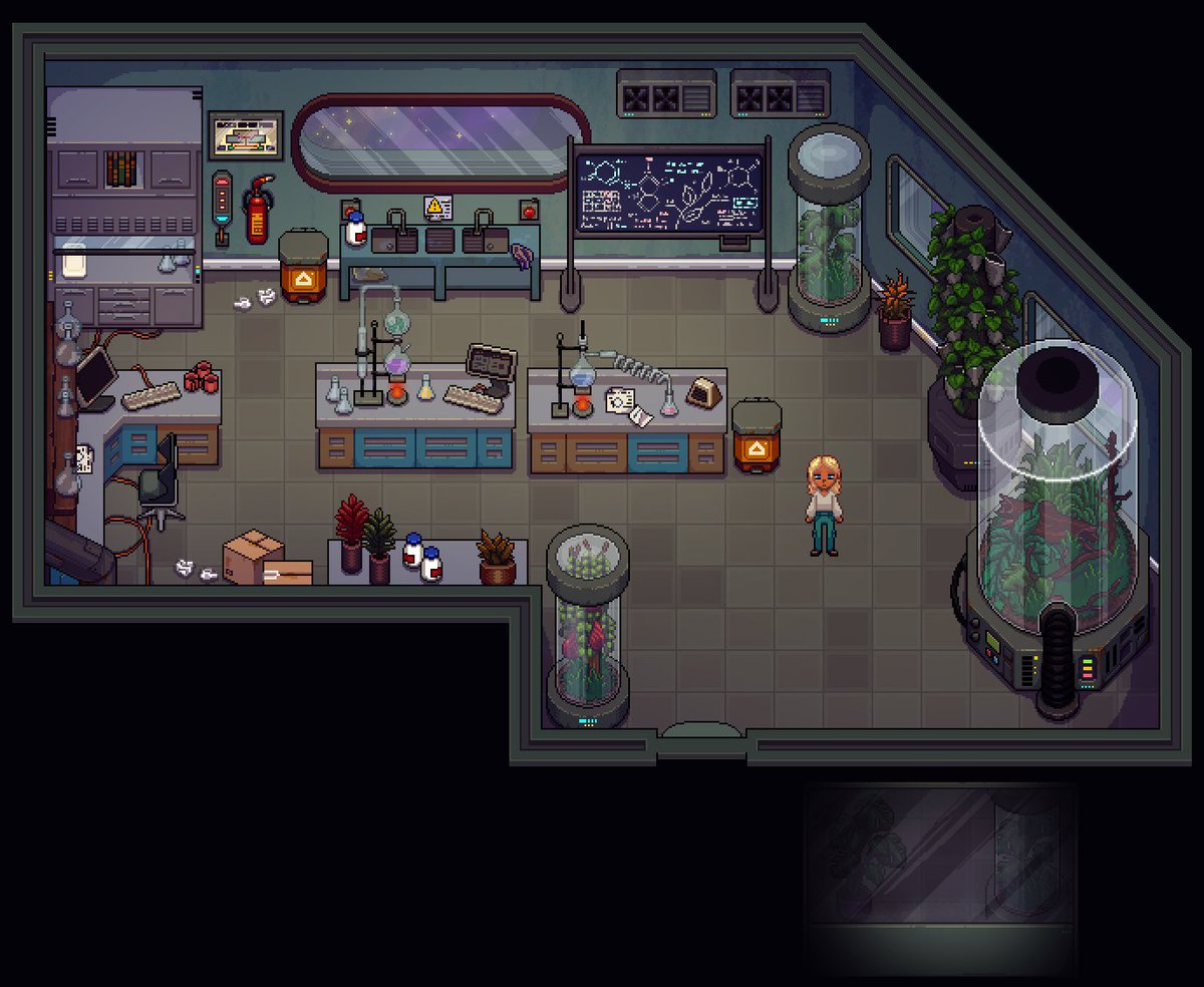 Finished the lab today. It contains vivariums and research stations where new plants can be researched.

#losthotelgame #losthotel #thelosthotel #lodestarhotel #pixelart #retrogames #gamedevelopment #indiegame #indiegamedev #indiedev #pixelgame #pixelartgame