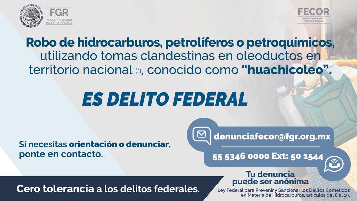 Si necesitas orientación o denunciar, ponte en contacto.

Tu denuncia puede ser anónima.

Cero tolerancia a los Delitos Federales.
#FiscalíaFederalSonora