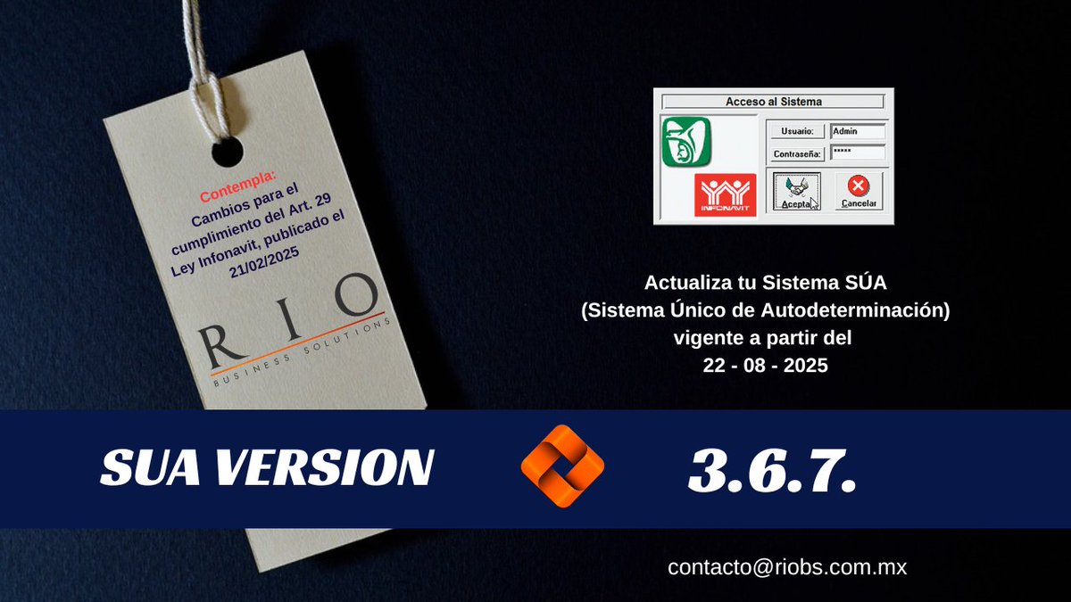 RioBSolutions's tweet image. Actualiza tu versión SUA, no sin antes realizar un respaldo de la base anterior. 

#SUA #SUA367 #Nóminas #cfdinóminas #cuotasimss #aportacionesimss #cálculoimss #patrones #contabilidad #impuestosfederales