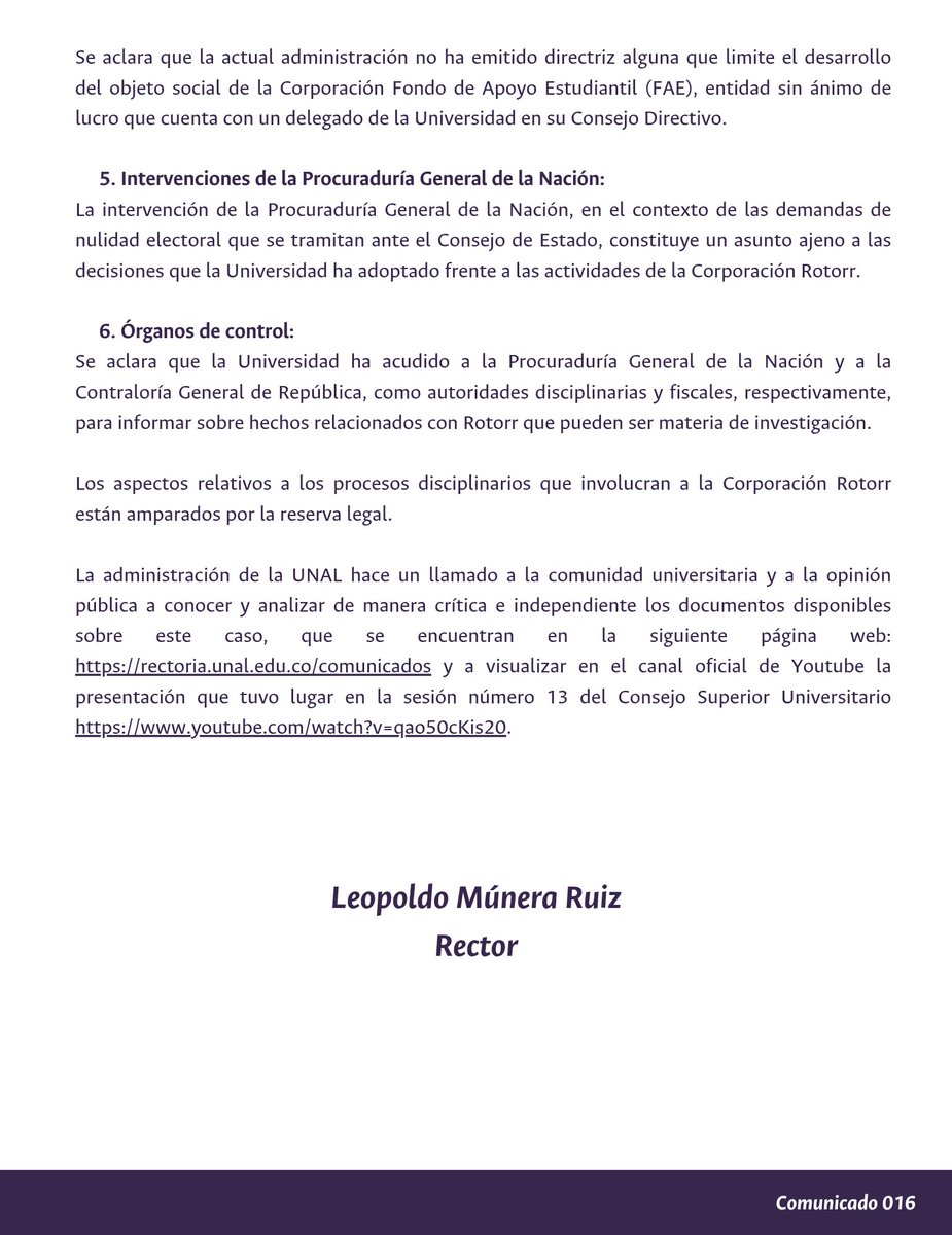 La administración de la UNAL hace un llamado a conocer y analizar, de manera crítica e independiente, los documentos disponibles sobre este caso, y a visualizar la presentación que tuvo lugar en la sesión número 13 del Consejo Superior Universitario youtube.com/watch?v=qao50c….