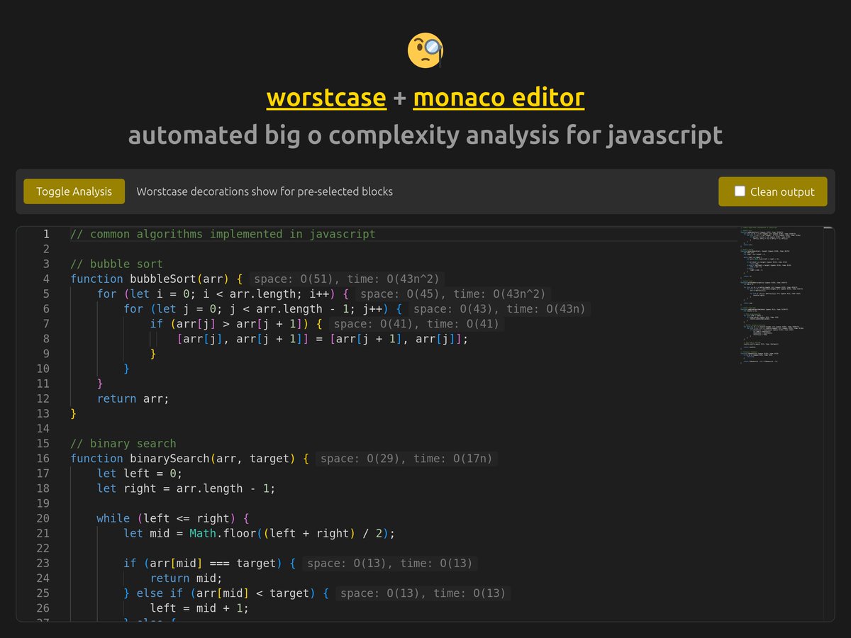 devhenryhale's tweet photo. when the javascript program grows(1k+ lines), the editor is a mess with long &amp; many complexity results. 

so i add an option to follow standard protocols - drop all coefficients. O(2n) becomes O(n) and O(32) = O(1) https://t.co/1r8g2NHGOg