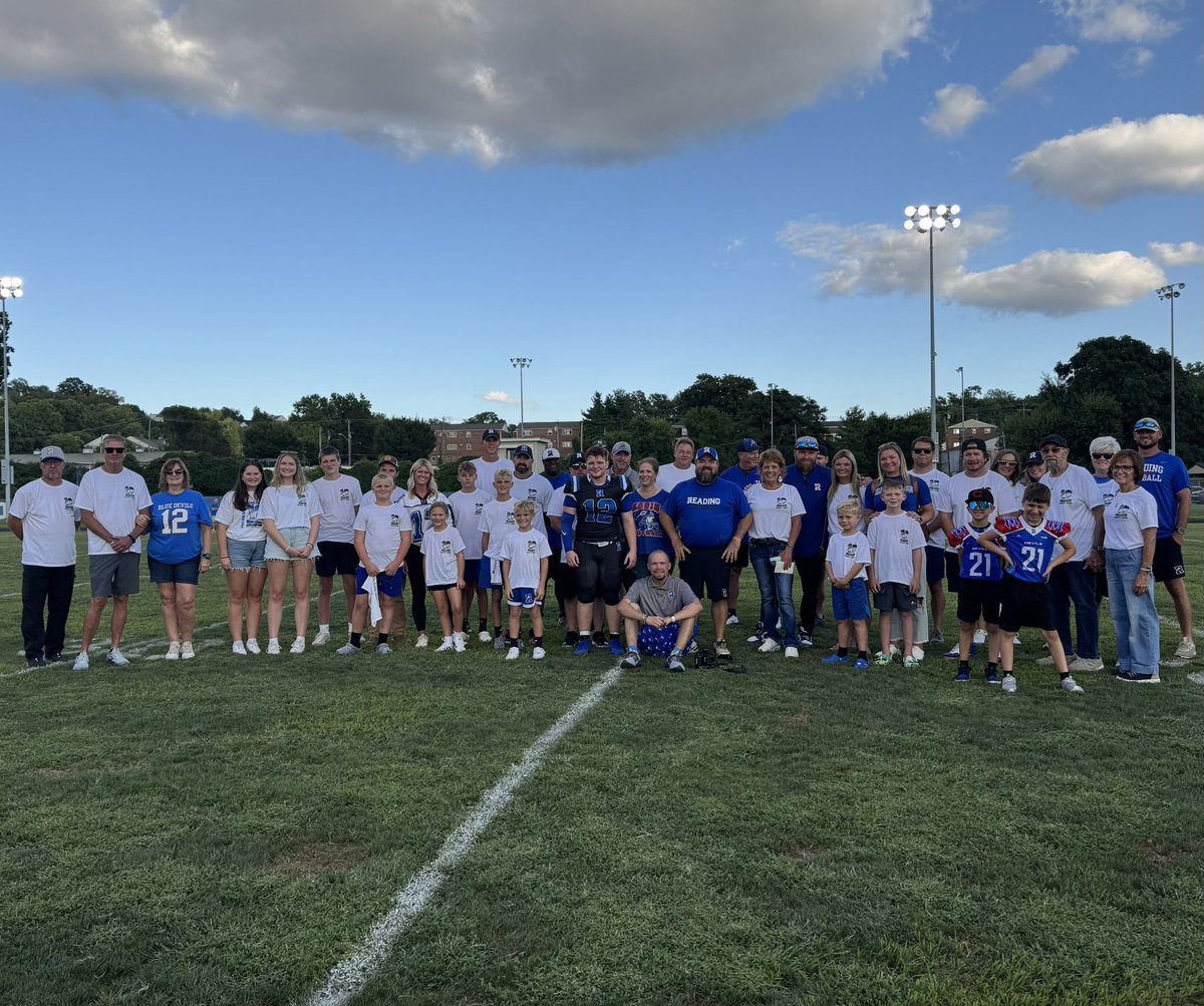 RCCSDsuper's tweet photo. The Blue Devils open the season against Williamsburg tonight and we honor Blue Devil Andy Ramsey. Senior Jackson Hirt had the honor of wearing the #12 jersey. Go Reading! #bluedevilway https://t.co/QGMGJRw4tB