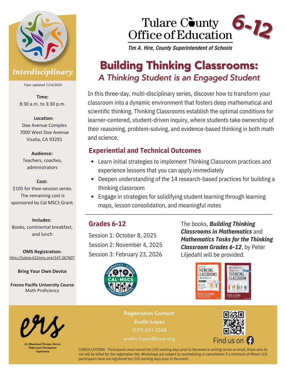 Educators – don't miss our 3-part series of Building Thinking Classrooms, beginning in October. 
Register for the grades K-5 Building Thinking Classrooms series at tulare.k12oms.org/147-265648
Register for the grades 6-12 Building Thinking Classrooms series at tulare.k12oms.org/147-267607