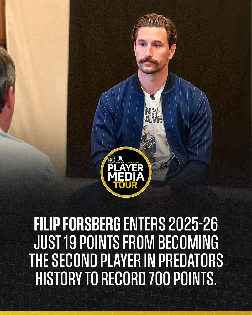 Filip Forsberg is in Milan, Italy for the European Player Media Tour as the NHL collabs with Serie A clubs in advance of the Olympic Winter Games Milano Cortina 2026.
 
The Swedish forward is wearing a t-shirt featuring his musician wife, Erin. #NHLStats