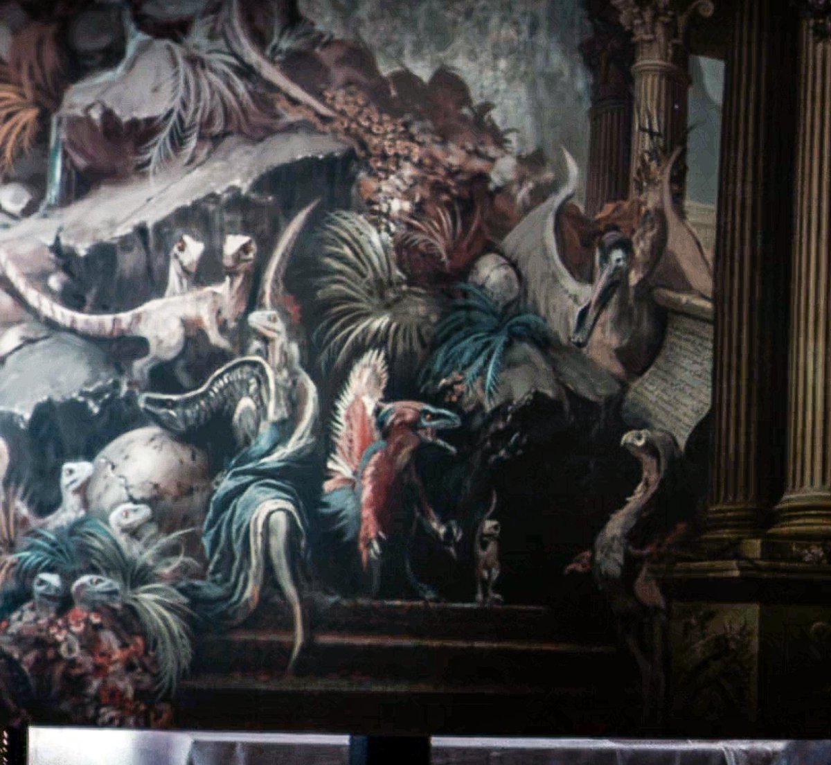 Closer look at the museum mural from Jurassic World Rebirth, featuring some interesting species.
