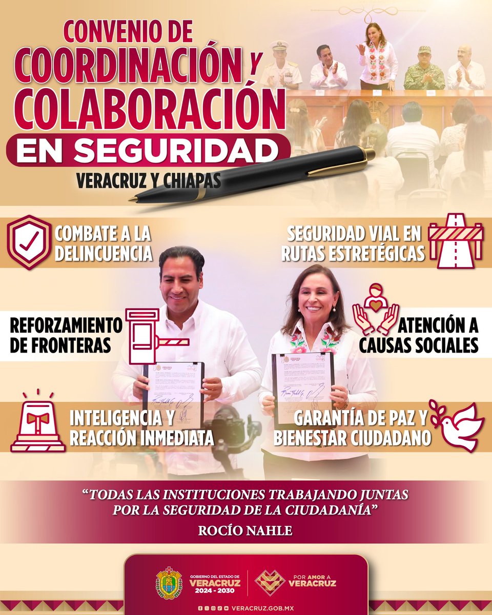 Gracias al Convenio de Coordinación y Colaboración en Seguridad ✒️ entre Veracruz y Chiapas, se refuerzan fronteras, se combate la delincuencia, cuidando rutas estratégicas y atendiendo las causas sociales, garantizando paz y bienestar para nuestra gente 🤝.