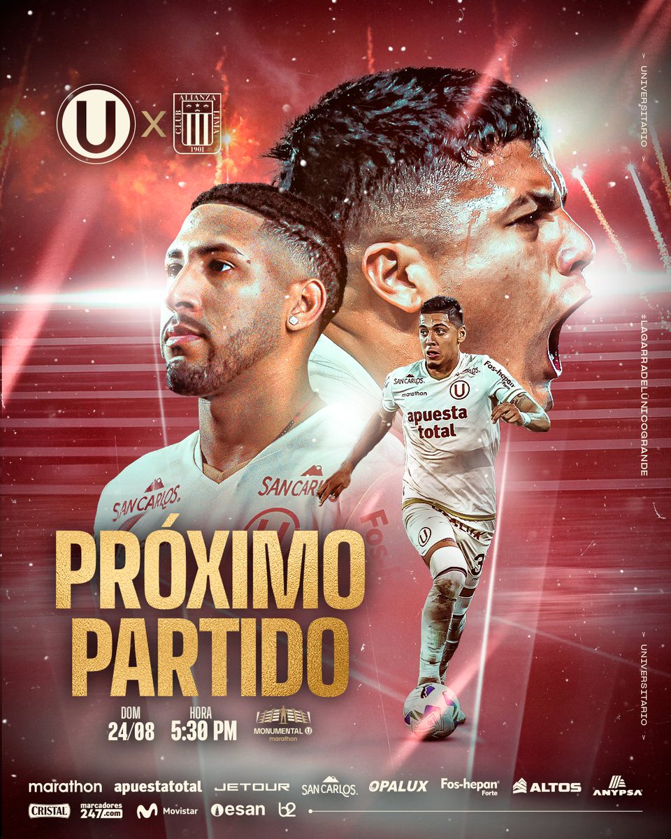 🔜 𝗣𝗥𝗢́𝗫𝗜𝗠𝗢 𝗣𝗔𝗥𝗧𝗜𝗗𝗢 𝗖𝗥𝗘𝗠𝗔

⚽ 𝘜𝘯𝘪𝘷𝘦𝘳𝘴𝘪𝘵𝘢𝘳𝘪𝘰 𝘷𝘴. 𝘈𝘭𝘪𝘢𝘯𝘻𝘢 𝘓𝘪𝘮𝘢

🏆 𝘊𝘭𝘢𝘶𝘴𝘶𝘳𝘢 2025 - 𝘍𝘦𝘤𝘩𝘢 7

📅 𝘋𝘰𝘮𝘪𝘯𝘨𝘰 24 𝘥𝘦 𝘢𝘨𝘰𝘴𝘵𝘰

⏱️ 5:30 𝘱.𝘮.

🏟️ <a href="/Monumental_U_/">Estadio Monumental Ⓤ Marathon</a>

🎟️ bit.ly/45CFgoV

#LaGarraDelÚnicoGrande