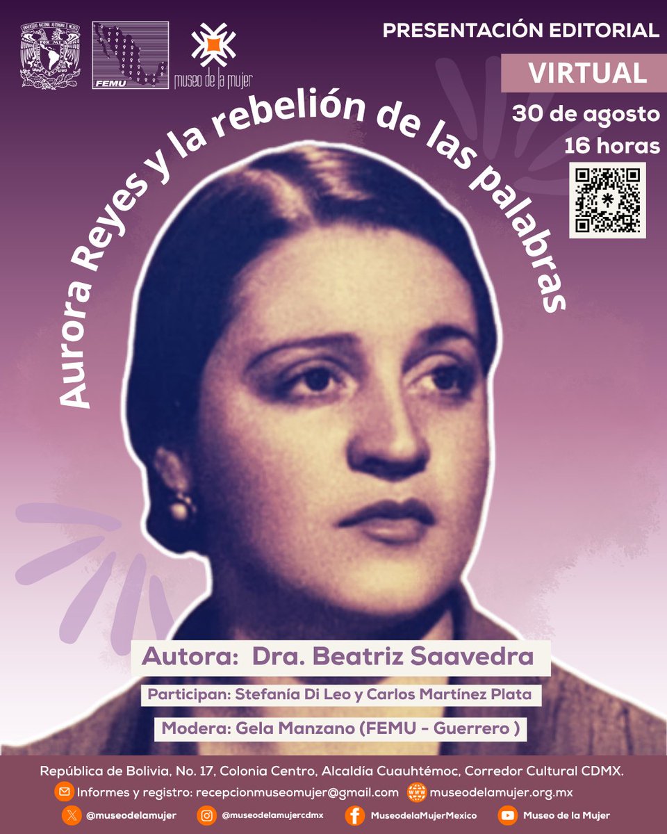 Aurora Reyes convirtió la palabra en un acto de libertad frente a las injusticias de su tiempo. La Dra. Beatriz Saavedra y especialistas invitados dialogarán sobre su obra en un evento virtual imperdible. ¡Regístrate y acompáñanos!

📌 30 ago | 16:00 h
👉 tr.ee/MZE8lN