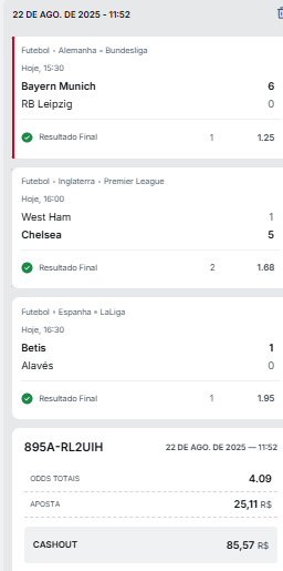 RevuBets's tweet photo. 🔥✅ Green mais que confirmado!
Bayern atropelou, Chelsea não perdoou e o Betis garantiu a última!
De 25 virou 85,57 💸💸 @superbet_br 
#ApostasEsportivas #Green #Futebol #Superbet #BayernMunich #Chelsea #bet #apostas https://t.co/tMn5hAMlSC