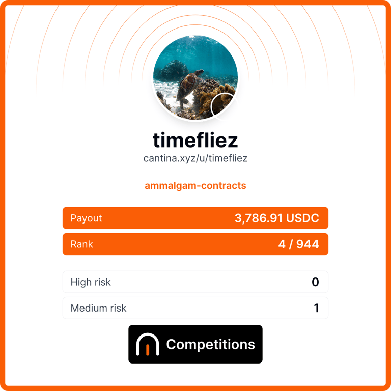 My second top 5 finish this time on <a href="/cantinaxyz/">Cantina 🪐</a> , this time with my first solo finding. While overall still quite unhappy, since I missed a lot of stuff, I learnt a lot in this contest and have good ideas how to better approach code bases in the future.
