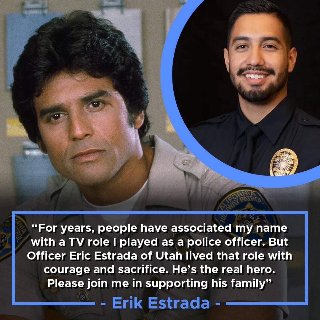 tvheidihatch's tweet photo. Former CHiPs star Erik Estrada who played "Ponch" a California Highway Patrol Trooper in the 70's & 80's is paying respects to Utah's Eric Estrada who lost his life in the line of duty this week.

"There is a special kind of person that makes a 100% commitment regardless of if it puts them in harms way.. someone who is willing to put it all on the line for others. The events that took place in Tremonton, Utah on August 17,2025 tragically ended the lives of two such individuals and wounded 2 officers and left the community heart broken. Please join me in supporting the families of these heroic fallen officers at https://t.co/BxaFRUVw3n as the loss will forever be a heavy burden for them to bear. God bless Eric Estrada, Sgt. Lee Sorensen may you rest in peace and to Deputy Mike Allred and K-9 Azula I wish you a speedy recovery. Thank you all for your service & sacrifice."  Erik Estrada @ErikEstrada