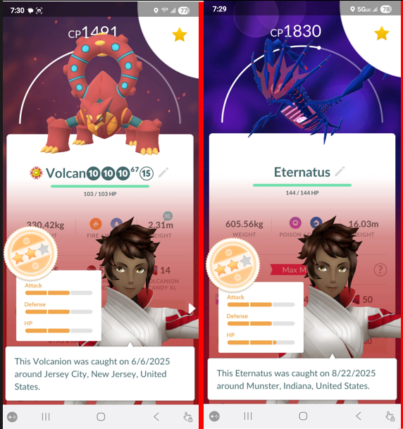 trainerSkulb00d's tweet photo. My luck with these Pokémon is so bad, it's almost impressive. Volcanion is a perfect 10/10/10. Eternatus is just barely better at 10/10/11. At least your luck isn't this bad, right? #pokemonGO #Eternatus #GOFestFinale #PokemonGOfest2025Finale https://t.co/GbBbA5t9nB