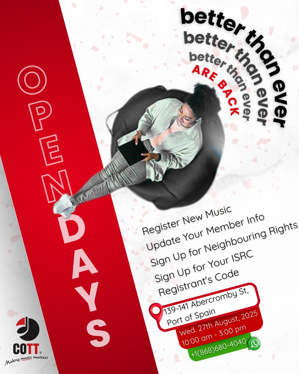 📢 COTT Open Day – Wed 27th August, 2025.
We’re back with our August instalment of COTT Open Days, let us help you: 
🎶 Register your works
🗂 Update your info
💸 Sign up for Neighbouring Rights
🔢 Register your ISRC codes

Register now❗
 🔗   forms.gle/t3jZvrwjjvJM9T…