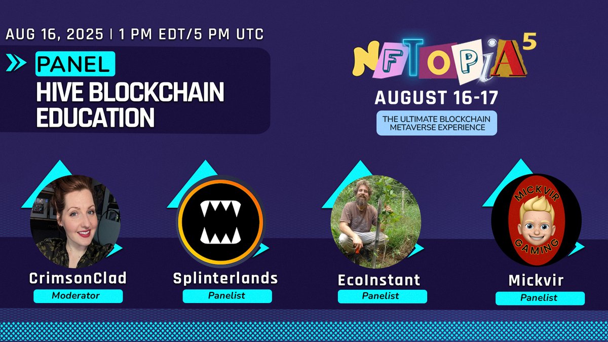 NFTOPIA Metaverse Convention (@thenftopia) on Twitter photo 🎙️⚡️PANEL: HIVE <a href="/hiveblocks/">Hive</a> BLOCKCHAIN EDUCATION at #NFTOPIA5 AUDITORIUM
📍AUGUST 16, 2025
🌐nftopia.weebly.com
🌟1pET (5pUTC)
- MODERATOR: <a href="/crimsonclad/">crimsonclad</a>
- PANELISTS: <a href="/splinterlands/">Splinterlands</a>, <a href="/EcoInstant/">Eco Instant - Solver of Problems</a>, <a href="/Mickvir2/">Mickvir</a>
➡️Attend in metaverse for free through web browser! 🎙️⚡️PANEL: HIVE <a href="/hiveblocks/">Hive</a> BLOCKCHAIN EDUCATION at #NFTOPIA5 AUDITORIUM
📍AUGUST 16, 2025
🌐nftopia.weebly.com
🌟1pET (5pUTC)
- MODERATOR: <a href="/crimsonclad/">crimsonclad</a>
- PANELISTS: <a href="/splinterlands/">Splinterlands</a>, <a href="/EcoInstant/">Eco Instant - Solver of Problems</a>, <a href="/Mickvir2/">Mickvir</a>
➡️Attend in metaverse for free through web browser!