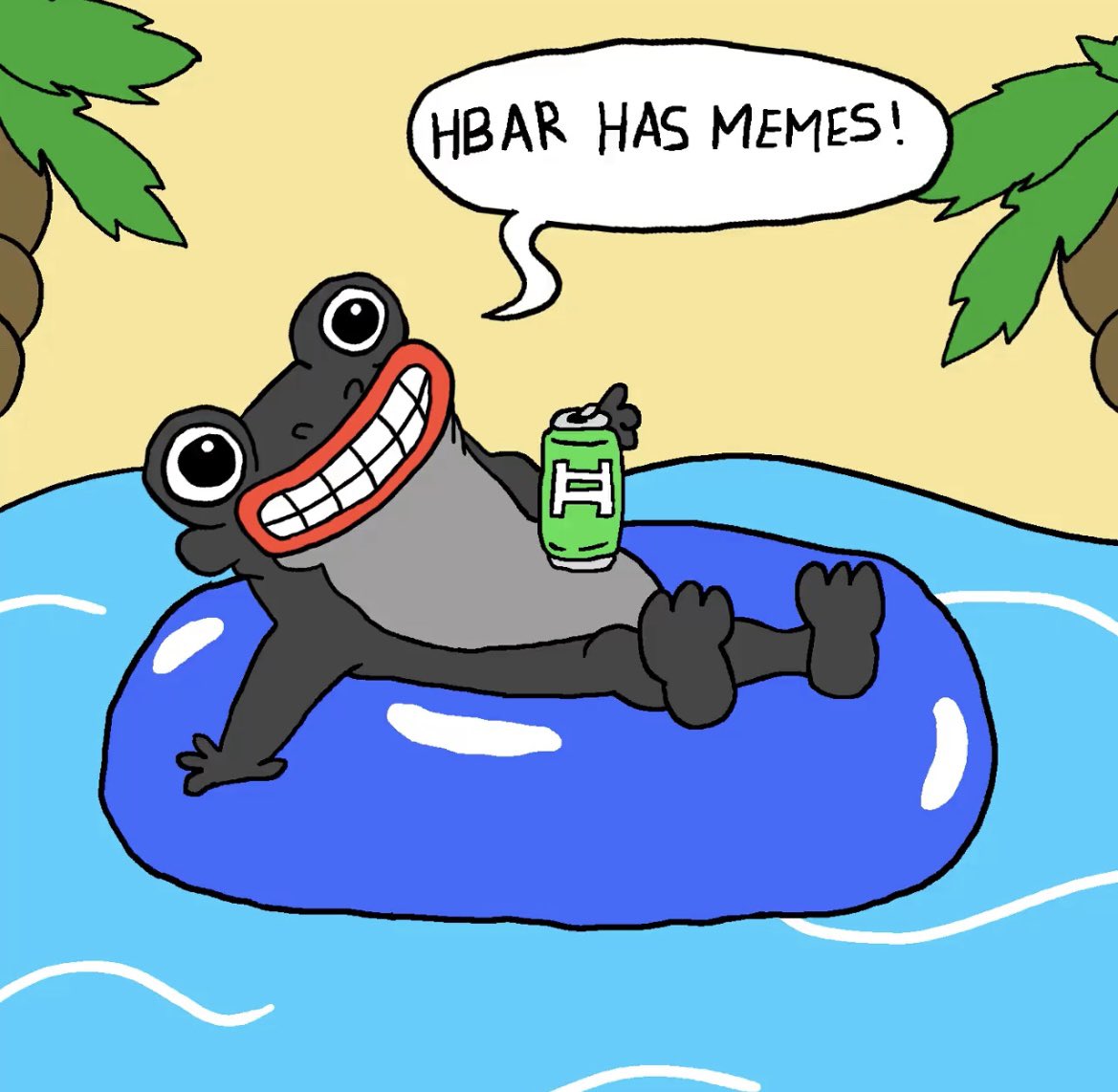 浮き輪に乗ったカエルの漫画（「HBAR HAS MEMES!」と言っている）