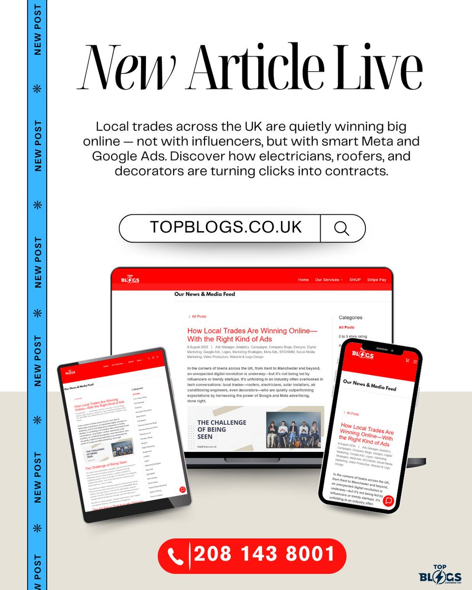 🚀 New Article Live 🚀
Local trades are winning big online – no influencers needed.
Just smart Meta &amp; Google Ads turning clicks into contracts.
🔍 Read here: topblogs.co.uk/news-%26-media…

#DigitalMarketing #SmallBusinessUK #GoogleAds #MetaAds #Tradespeople