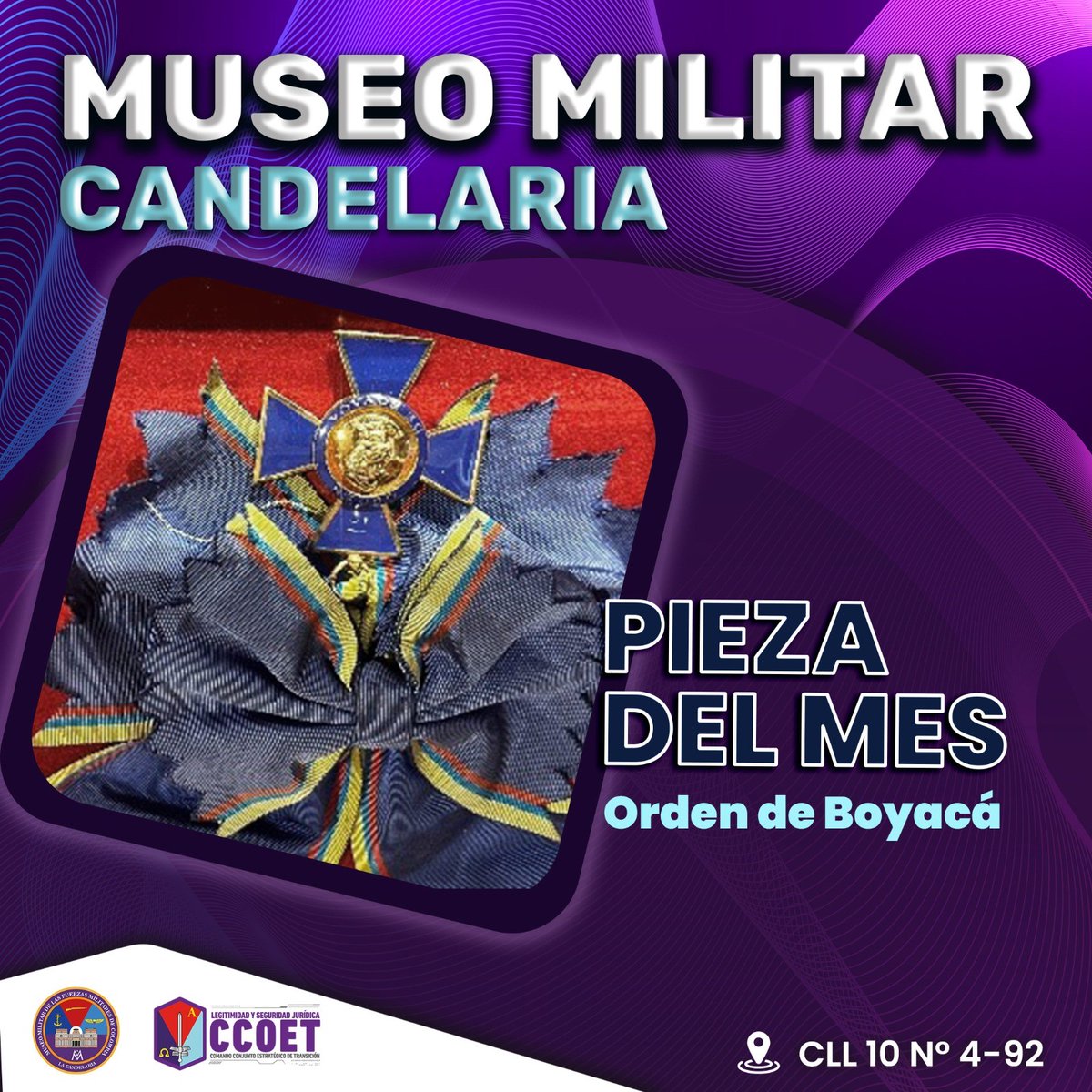 Este mes destacamos: 🎖️ "La orden de Boyacá". Fue impuesta por primera vez para honrar a las tropas del Ejército Libertador en septiembre de 1819, en la Plaza Mayor de Bogotá.
En 1954, fue reglamentada como reconocimiento a quienes prestan servicios excepcionales a la Nación.