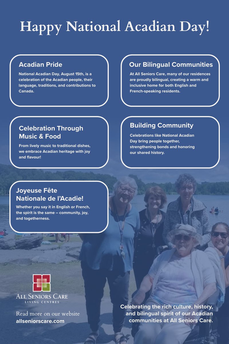 🇨🇦💙 Happy National Acadian Day!

From lively music 🎶 to delicious dishes 🥘, our residents at All Seniors Care celebrate heritage, language &amp; togetherness.

✨ Joyeuse Fête Nationale de l’Acadie!

#NationalAcadianDay #BilingualCommunity #SeniorLiving
