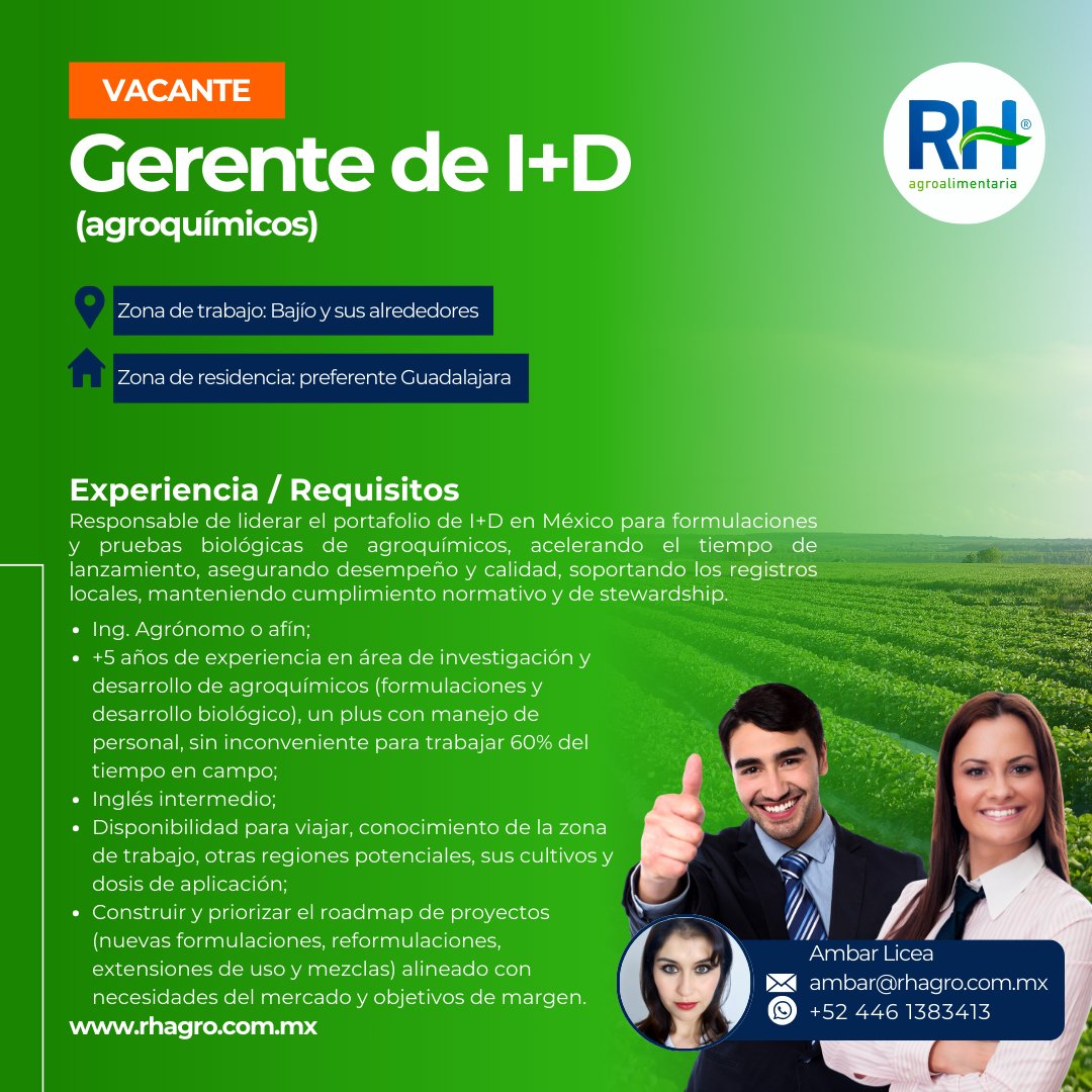 AgroRh's tweet photo. ⚠ NUEVA #VACANTE Gerente de I+D (agroquímicos)
✅Link: https://t.co/hthd5BE9Ay
📍Bajío y sus alrededores
🏠Zona de residencia: Guadalajara
👩Contacto Ambar Licea
💻Email ambar@rhagro.com.mx
📲WhatsApp +52 446 1383413
👉Link de WhatsApp https://t.co/KC3dua65qm

#VacantesActivas https://t.co/sqwMto5BAO